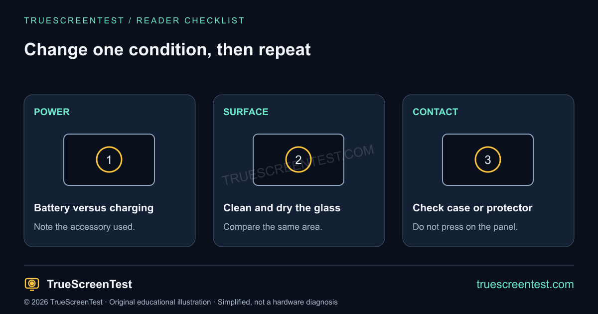 Compare one condition at a time: battery versus charging, clean dry glass, and case or protector contact.