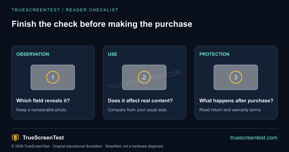Buying decision checklist: record the observed mark, check everyday impact and confirm return or warranty terms before paying.