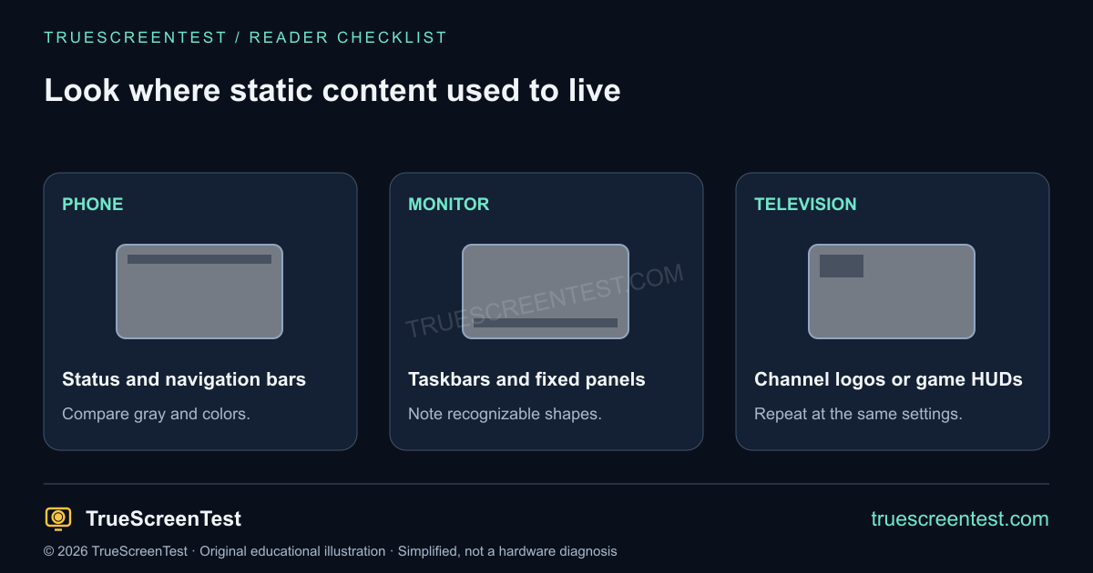 Inspect common static-content locations: phone status bars, desktop taskbars and television logos or game HUDs.